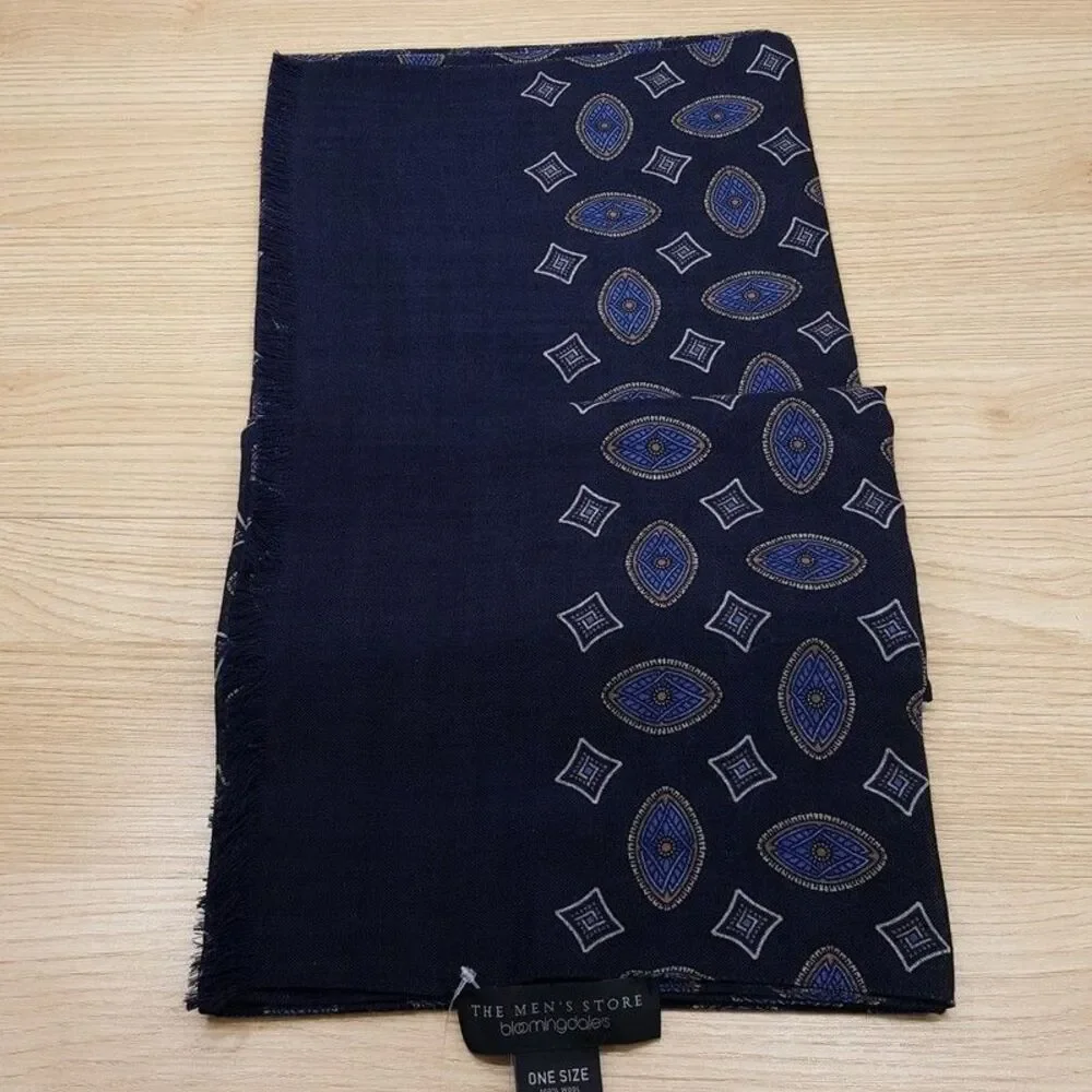 BLOOMINGDALES Mens Store Scarf Navy 100% Wool Geo Medallion Lightweight $198